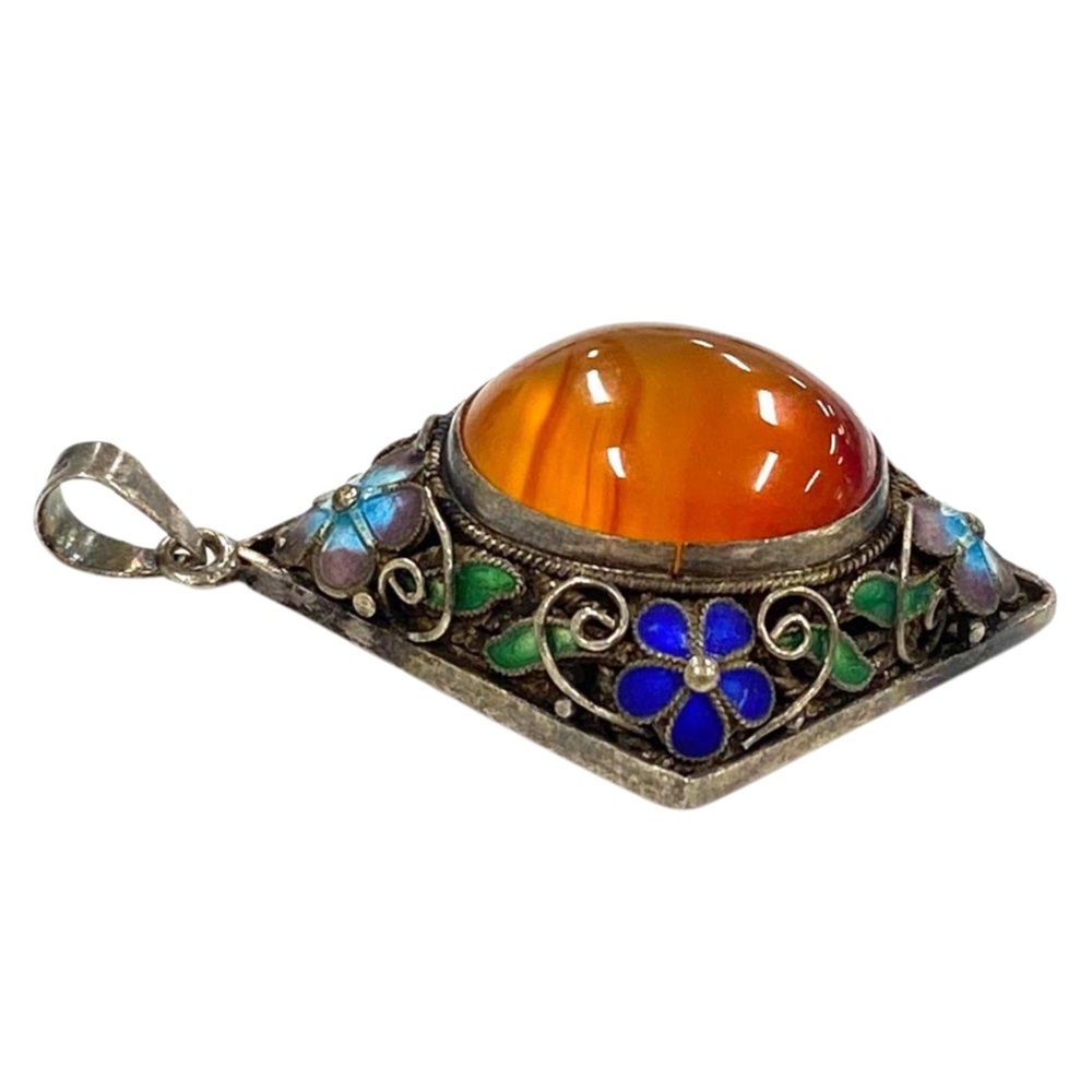 925 Sterling Silver Vintage Carnelian Enamel Filigree Flower Pendant 1.40" 6.9g